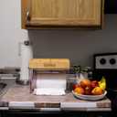 Trash Bag Holder Dispenser  2-Piece Organizer with Bamboo Lid & PET Base  Under Sink Kitchen Cabinet Bag Storage Solution