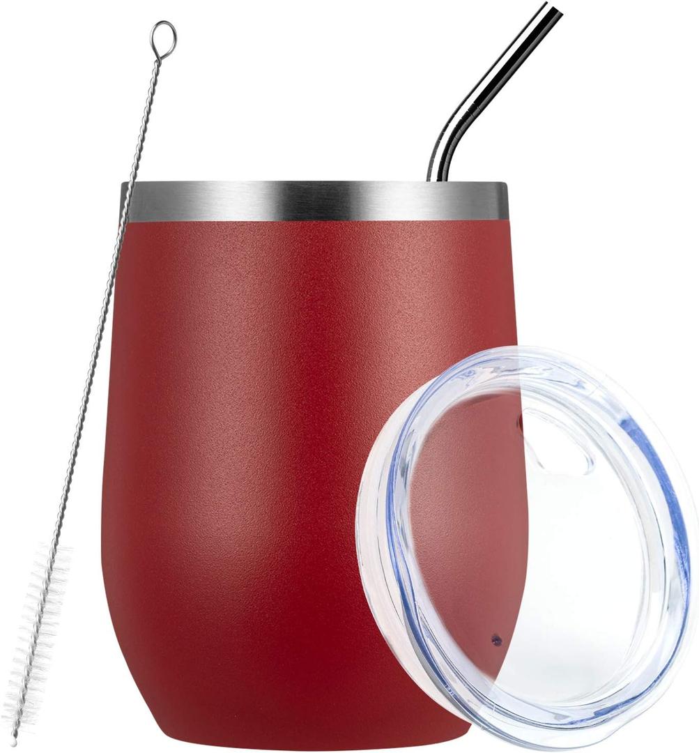 MEWAY Stemless 12oz Wine Tumbler Glasses with Lid -Insulated Double Wall Vacuum Stainless Steel Travel Tumbler with Straw,for Woman Under 10 dollars (Red,1) (1 Count (Pack of 1))