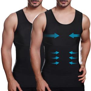 Mens Slimming Compression Shirt, Body Shaper Workout Tank Top, Gynecomastia Tummy Control Undershirts - Change in Seconds, Medium