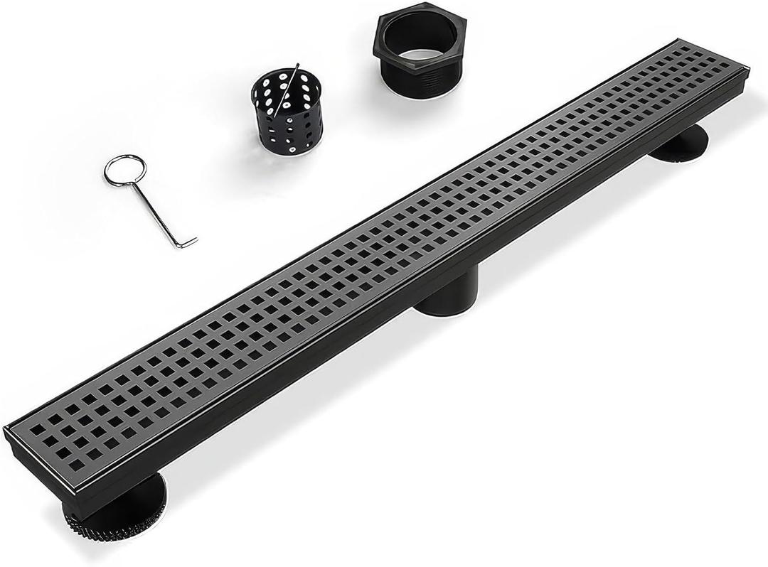 SaniteModar Linear Shower Drain, Matte Black Shower Drain 36 inch with Removable Grate,Brushed 304 Stainless Steel Shower Drain Include Hair Strainer,Adjustable Leveling Feet
