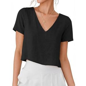 IDEALSANXUN Linen Shirts for Women 2026 Trendy Spring Summer V Neck Cute Crop Beach Short Sleeve Blouses Going Out Tops, Black, S