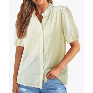 EVALESS Womens Button Down Shirts Cute Short Puff Sleeve V Neck Tops Spring Summer Blouses for Women Dressy Casual Size Large