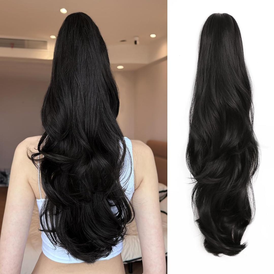 24'' Clip On Ponytail Extension for Women with Claw Clip Fluffy Layered Synthetic Hair Heat Resistant Clips In Curly Hair Ponytail Extensions Wedding Party Daily Use (Dark Black, 7.5OZ)