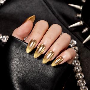 VSALON Press on Nails Medium Almond - Metallic Golden Ombre Cat Eye Glue On Nails for Women, Opaque Sparkle Salon Quality Fake Nails - 32 PCS Stick on Nails in 16 Sizes with Glue & Cuticle Oil