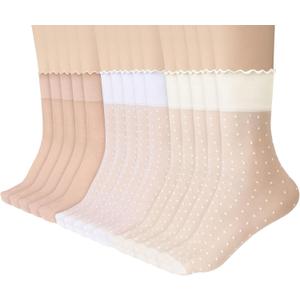 Justay 15 Pairs Sheer Ruffle Socks Woman Summer Cool See Through Thin Stocking Cute Frilly Lace Crew Socks (White Nude Beige)