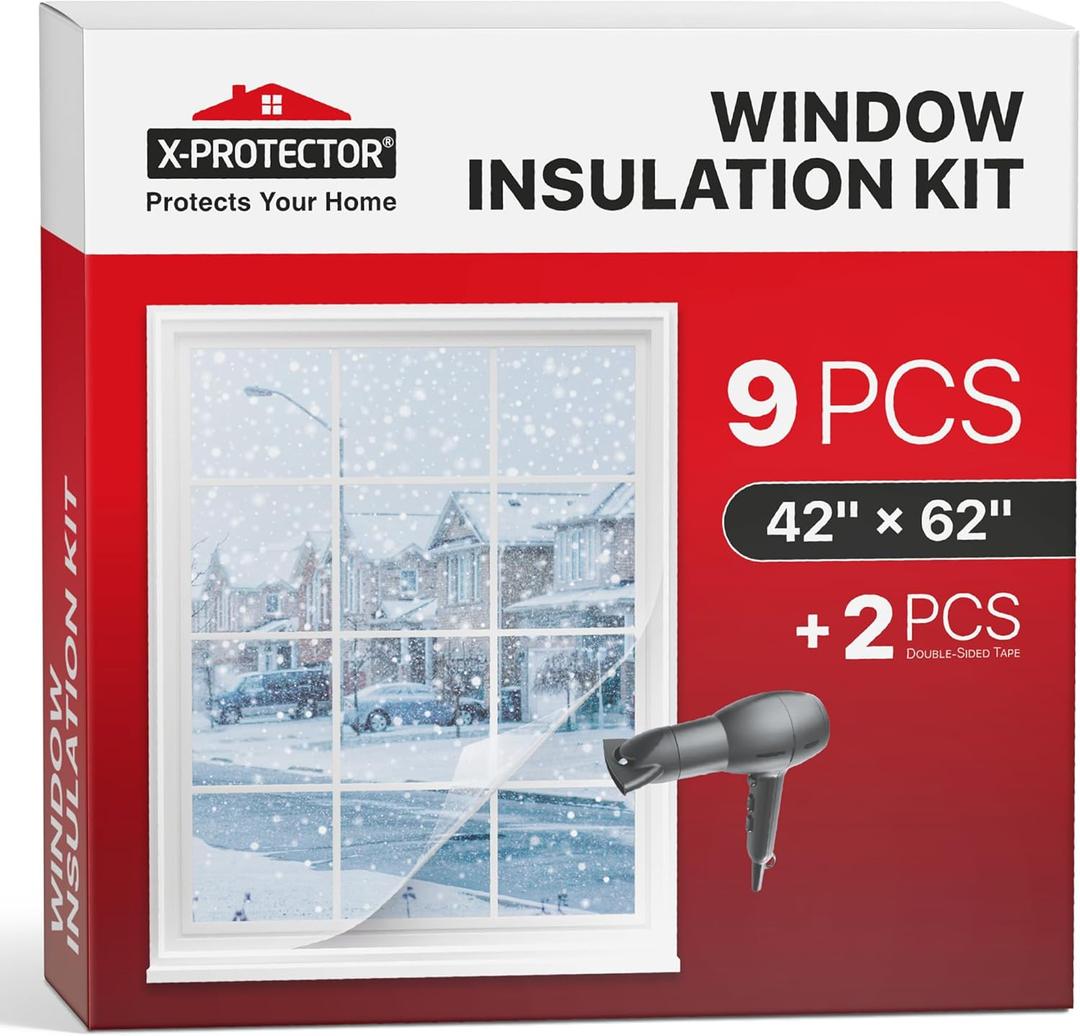 X-Protector Window Insulation for Winter - 9 Pack 42in x 62in - Clear Window Insulation Kit - Perfect Sealer from Cold - Plastic Thermal Cover to Keep The Home Warm!