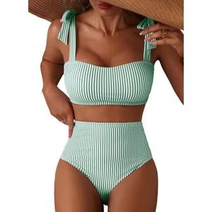 Herseas Women's Tie Shoulder Bikini Sets 2 Piece Striped Swimsuits High Waisted Bathing Suits (Medium)