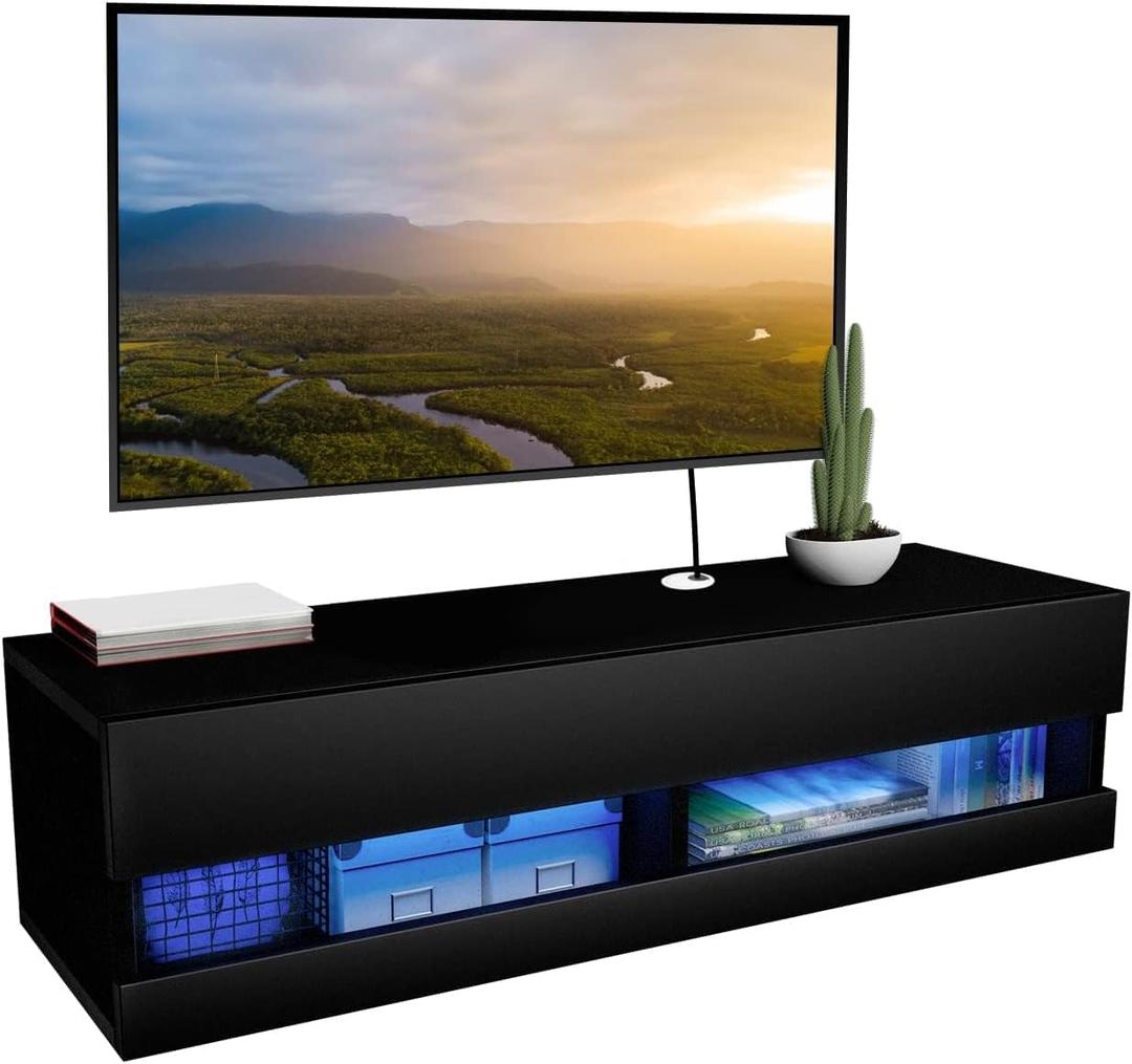 Floating TV Shelf Wall Mounted TV Stand, Floating Entertainment Center Under TV Shelf Floating Media Console with Storage for Living Room and Bedroom, Black
