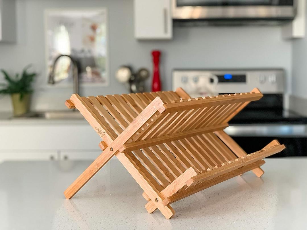 Dish Drying Rack Bamboo Dish Rack Plate Rack Collapsible Dish Drainer, Foldable Dish Drying Rack Wooden Plate Rack Made of 100% Natural Bamboo (Natural Bamboo- Natural Bamboo- Foldable)