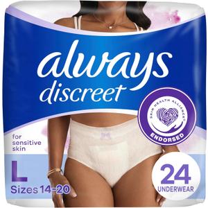 Always Discreet for Sensitive Skin Underwear, Four Times Skin Protection, Dermatologically Tested, Fragrance-Free, Maximum Absorbency, L, 24 Count (Packaging May Vary)