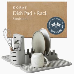 Dorai Home Collapsible Dish Drying Rack and Stone Dish Pad  Foldable Dish Drying Rack with Instant - Dry Stone Dish Mat  Space-Saving Dish Drainer Rack for Kitchen Counter -19.9" x 15.2" (Sandstone)