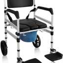 Rolling Shower Chair with Wheels for Elderly and Disabled, Foldable Wheelchair Lightweight Folding, Bedside Commode Chair with Arms for Toilet (Black)