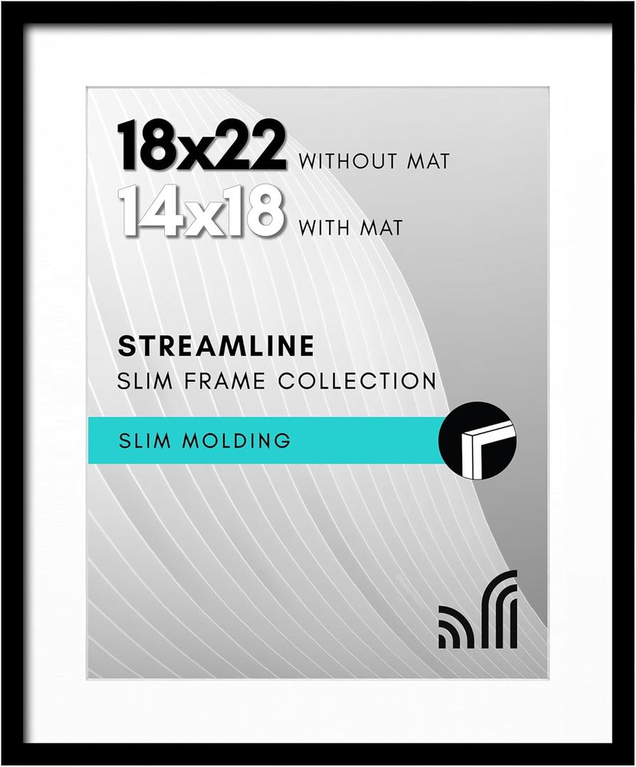 Americanflat 18x22 Picture Frame with Polished Plexiglass - Use as 14x18 Frame with Mat or Display 18x22 Photo Without Mat - Streamline Collection - Thin Border Picture Frames for Wall - Black