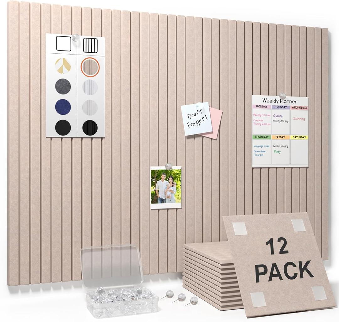 Smarpau Felt Bulletin Board 48"x36"- 12 Pack Large Cork Board Tiles with 35 Pushpins & 50 Adhesive Tabs, Cork Board Alternative for Office, Classroom, Home & Kitchen Decor-Dark Camel