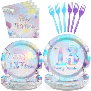 96Pcs 13th Birthday Decorations Iridescent 13th Party Plates and Napkins Disposable 350GSM Official Teen Birthday Tableware Set for Teen Girls Happy 13 Year Old Party Supplies, Serves 24