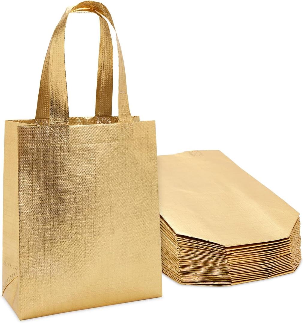 Sparkle and Bash Gift Bags Bulk - 10 x 8 x 4 In, Metallic Gold, 20 Pack - Reusable Totes with Handles, Non-Woven Fabric & Machine Washable