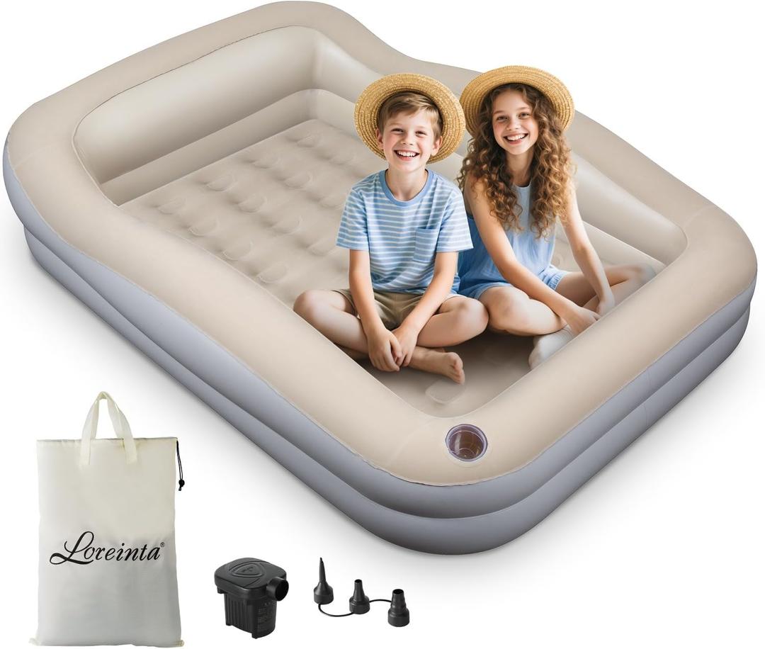 Inflatable Toddler Travel Bed Portable Toddler Bed with Safety Bumpers, Toddler Floor Bed for Travel, Camping, Sleepovers Kids Blow Up Bed with Pump & Carry Bag