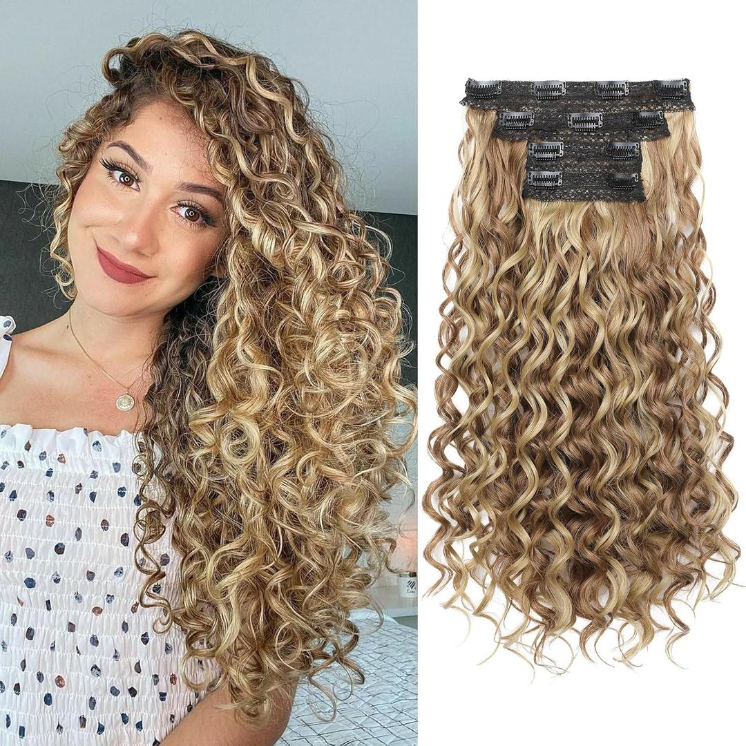 REECHO Curly Hair Extensions, 4PCS 20 inch Clip in Hair Extensions Lace Weft Short Curly Extensions Clip Ins Invisible Natural Hairpieces for Women, Light Brown with Blonde Highlights