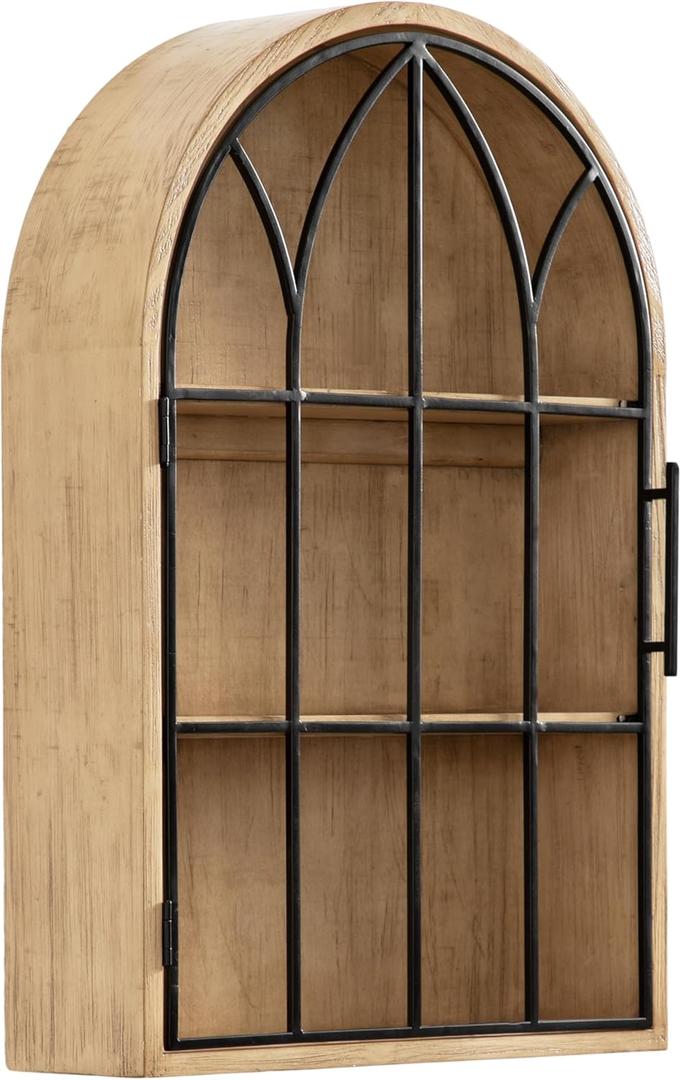 Kate and Laurel Megara Decorative Wooden Hanging Arched Wall Cabinet with Door for Open Storage; 16 x 5 x 24; Natural Wood and Black; Wooden Floating Wall Bathroom Cabinet for Above Toilet Storage