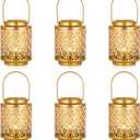NUPTIO Gold Lanterns for Wedding Centerpieces: 6 Pcs 4.1inch Hanging Metal Tealight Holders Bulk Decorative Mini Tea Lights Indoor Candle Lantern for Thanksgiving Diwali Ramadan Decor (Style 1)