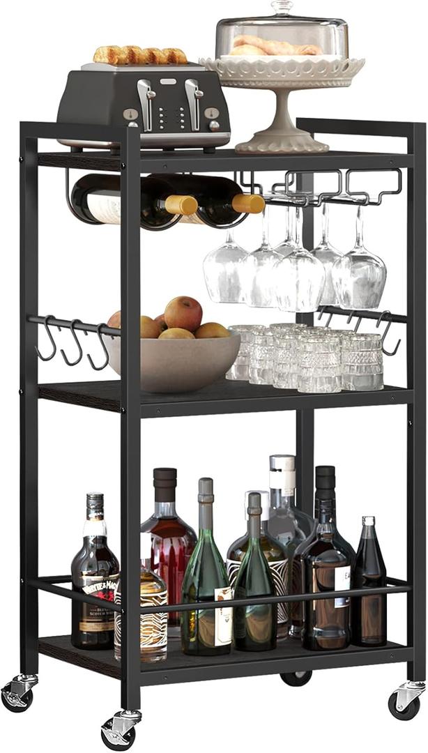 TUTOTAK Bar Cart, Home Bar Serving Cart, Microwave Cart, Drink Cart, Mobile Kitchen Shelf with Wine Rack and Glass Holder, Rolling Beverage Cart Living Room, Kitchen, Black BC01BK032 (13"D x 17"W x 33"H)