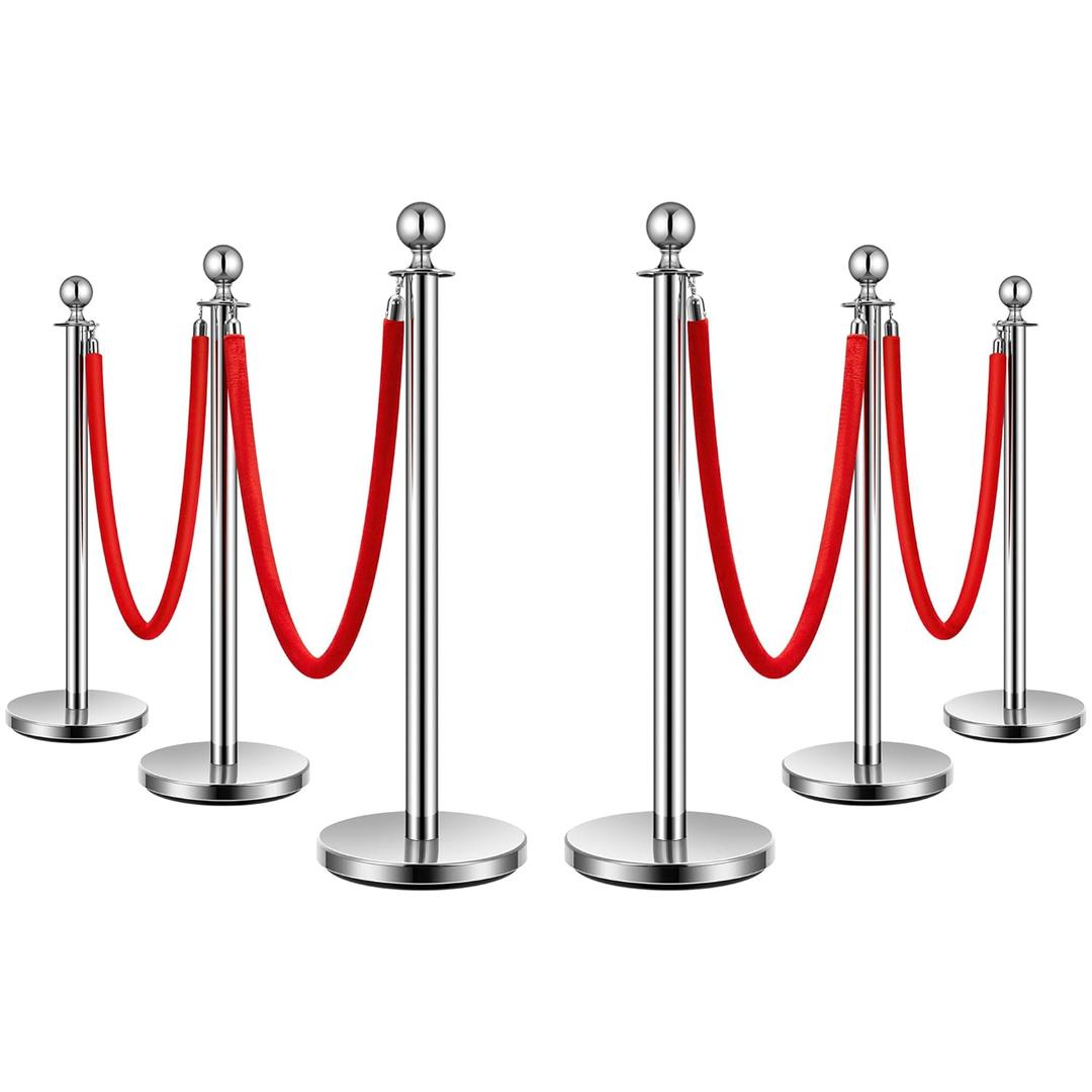 VIVOHOME Stainless Steel Stanchion Post Queue 6PCS Pole w/ 4 Red Velvet Ropes, Crowd Control Barriers w/Fillable Base for High-end Venues, Museums, Party Supplies (6 Pieces, Silver) (Sliver)