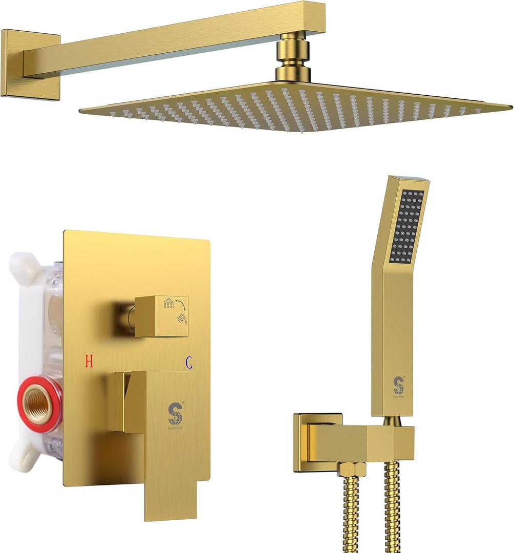 SR SUN RISE Shower Faucets Sets Complete Brushed Gold Square Rain Shower Head with Handheld Spray All Metal Shower Faucet Trim Repair Kits (Contain Shower Valve) (10 Inch)