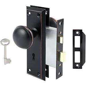 Toptotoo Mortise Lock Set for Interior Door, Vintage Antique Door Knobs with Lock and Skeleton Key, Old Door Knob Replacement Fits 1-3/8 in 1-3/4 in, Classic Oil Rubbed Bronze Finish