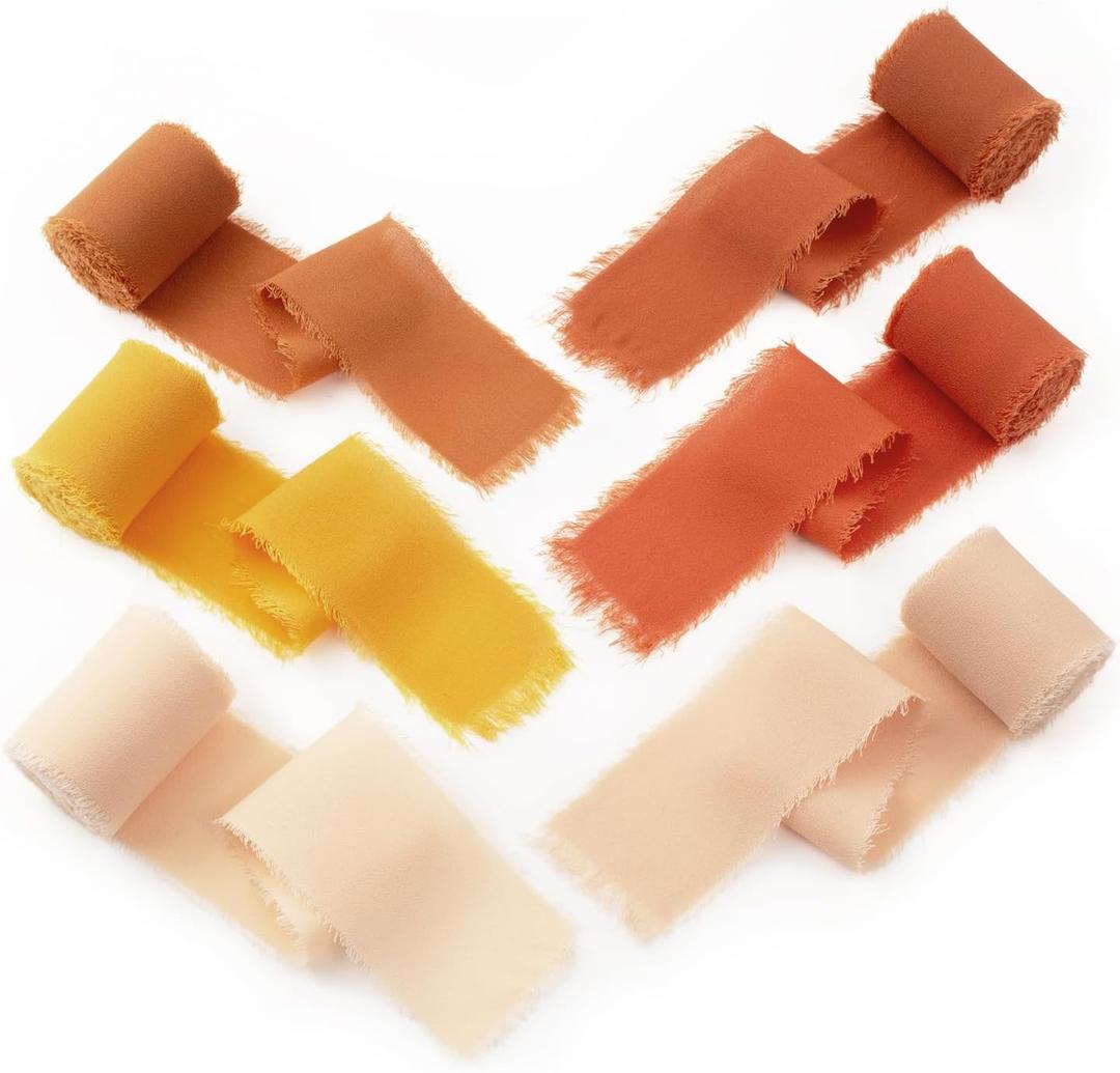 Chiffon Ribbon 6 Rolls Handmade Fringe Chiffon Silk 1.5" x 3Yard Burnt Orange Frayed Edges Boho Fabric for Gift Wrapping Wedding Invitations Bridal Bouquets DIY Craft