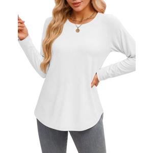 YUCOLEN Long Sleeve Shirts for Women Loose Fit Crewneck Side Split Curved Hem Basic Casual Tunic Tops to Wear with Legging (Large, White)