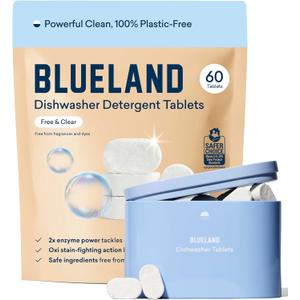 BLUELAND 100% Plastic-Free Dishwasher Detergent Tablets, Starter Set, 60 Count with tin, Free & Clear, Eco-Friendly Dishwashing Pods, Natural, USDA Certified biobased