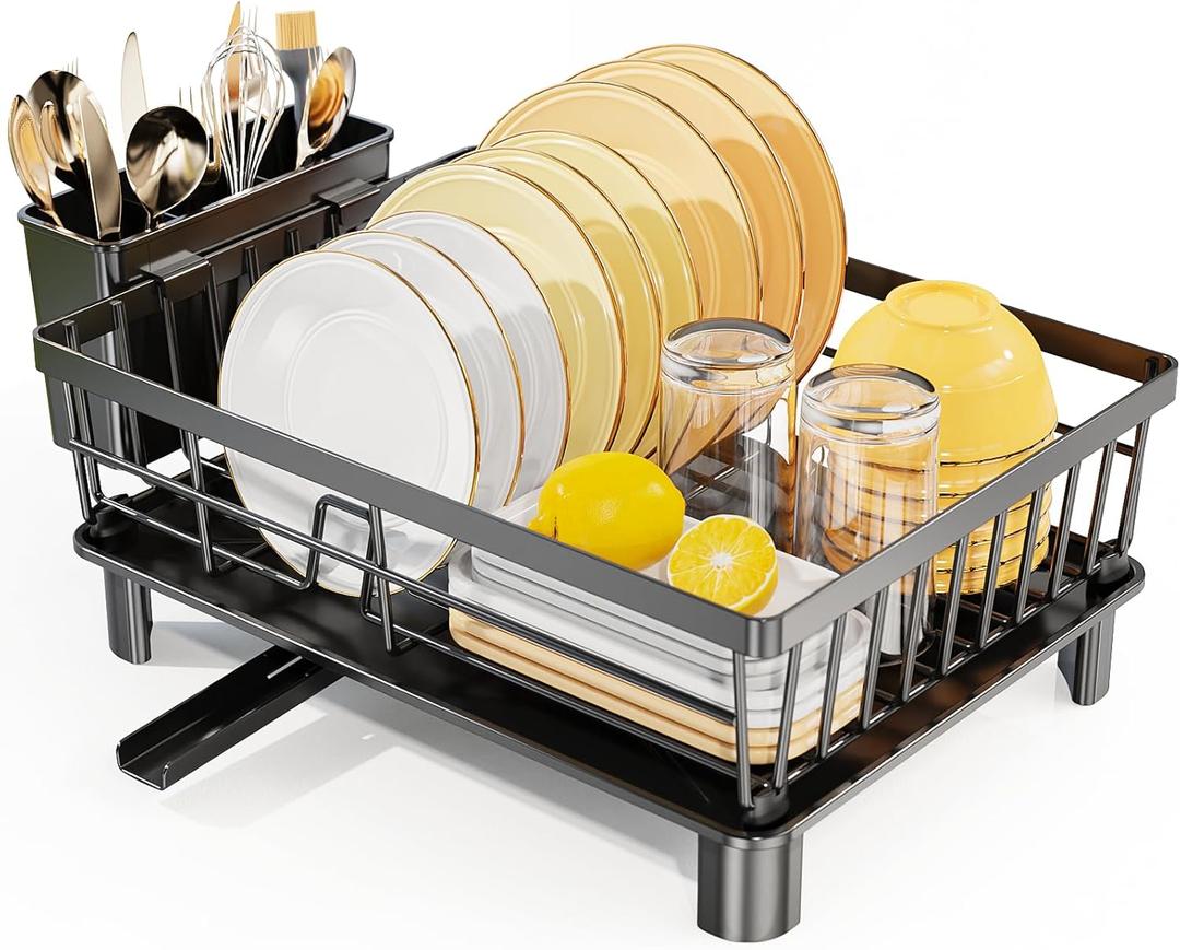 LIONONLY Large Dish Drying Rack with Drainboard, Stainless Steel Dish Rack for Kitchen Counter,Detachable Dish Drainer Organizer Shelf with Utensil Holder Set (Black)