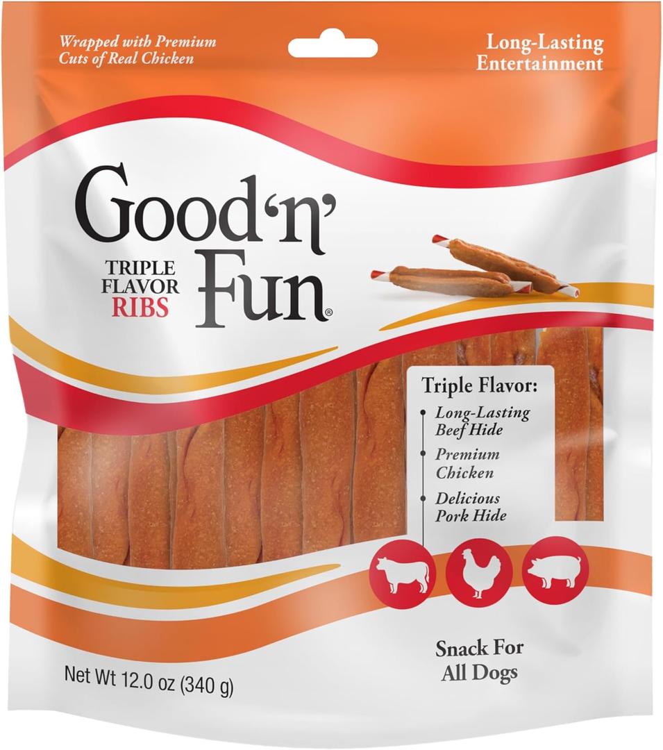 Good n Fun Triple Flavor Ribs Chews for All Dogs, 12 Ounces, Treat Your Dog to Long-Lasting Chews Made with Beef Hide, Chicken and Pork Hide