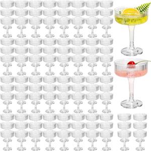 Jingmore 100 Pcs Ribbed Martini Glasses 7 oz Disposable Plastic Vintage Ribbed Coupe Glasses Cocktail Unbreakable Dessert Parfait Glassware for Wedding Birthday Party Supplies (Clear)