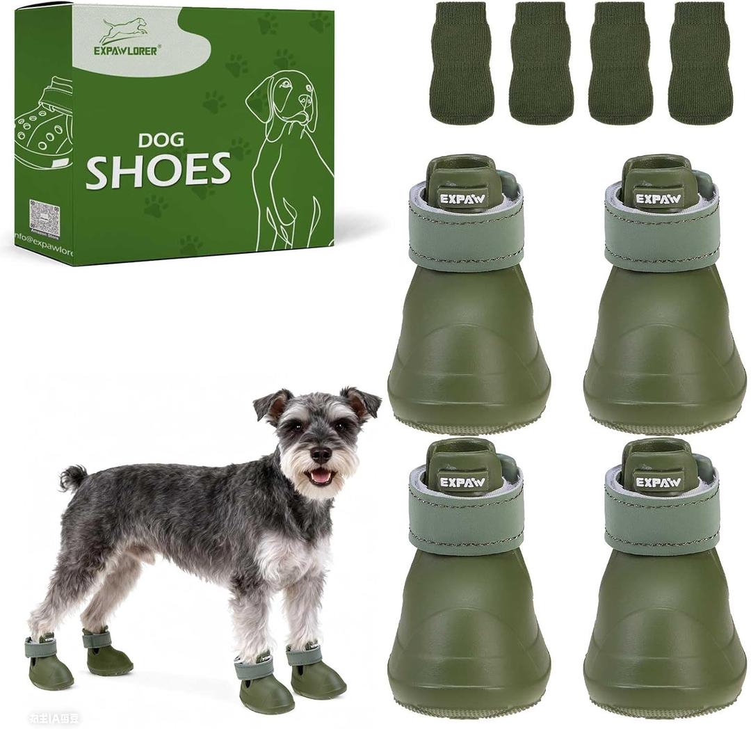 EXPAWLORER Dog Shoes for Small Medium Large Dogs, Waterproof Non-Slip Dog Snow Booties for Winter with Socks, Easy On & Off Pet Boots & Paw Protectors, Easy-Clean for Beach Outdoor Rain (Green S) (Size 3/S (Paw Width:1.6in))