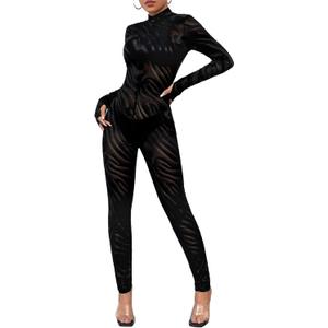 MakeMeChic Women's Sexy See Through Sheer Mesh Jumpsuits Cut Out Back Long Sleeve Skinny Club Party Outfits, S