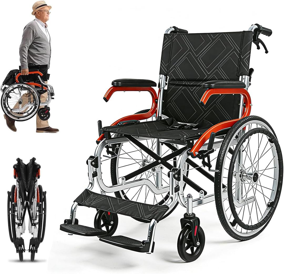 Wheelchairs for Adults,Self-propelled Wheelchair Lightweight Foldable Transport Wheelchair for Seniors,23.5lbs Portable Transfer Chair with Adjustable Leg Rest & Footrest