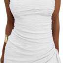 GOKATOSAU Women's Floral Strapless Fold Over Neckline Split Drawstring Bodycon Ruched Mini Dress White (White, XL)