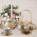 20Pcs Porcelain Tea Set for Adults, European Ceramic Tea Set Flower Ceramic Tea Cups, Teapot, & Saucers with Metal Holder for Women Tea Party (Blue)
