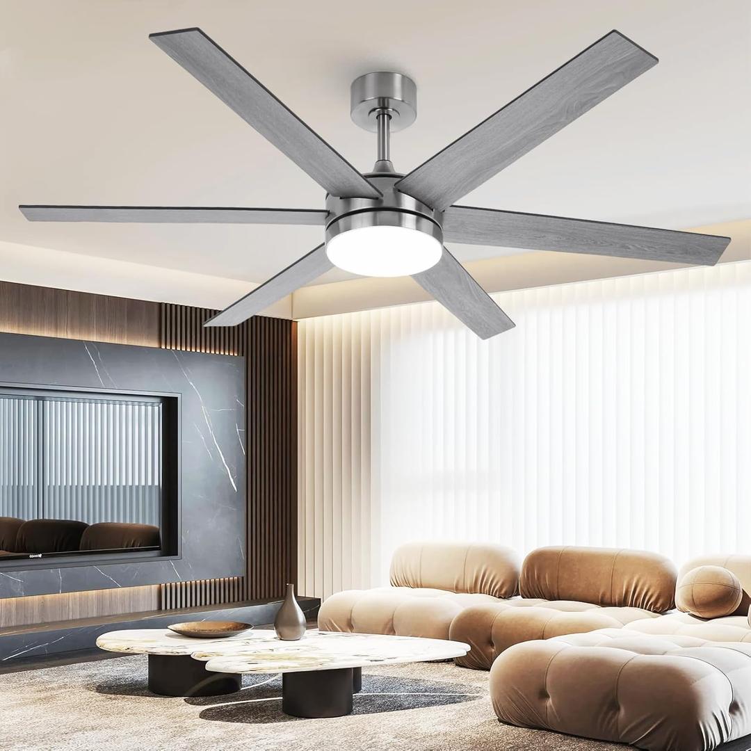 60 Inch Ceiling Fans with Lights and Remote, Indoor Outdoor Nickel Modern Ceiling Fan, Reversible DC Motor Dual-Sided Blades, 3CCT, Large Farmhouse Ceiling Fan for Bedroom Living Room Garage