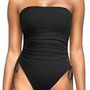 Yonique Women Strapless One Piece Swimsuit Tummy Control Bandeau Bathing Suit Cheeky Swimwear (Medium, Pure Black)