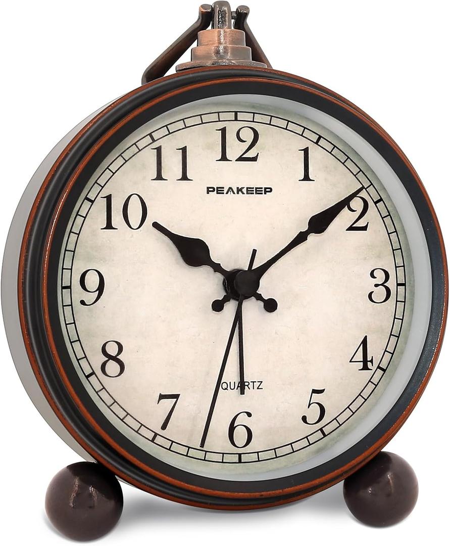Peakeep 4" Small Battery Operated Antique Retro Analog Alarm Clock with Contour Lines in Gold for Room Decors, Silent Elegant Bedside Desk Gift Clock (Black)