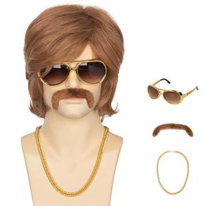 Miss U Hair Men's Brown 70s Party Wigs Mullet Halloween Wig with 70s Accessories Necklace Glasses Mustache