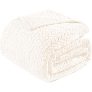 Exclusivo Mezcla Fleece Blanket Queen Size for Bed, Soft Fuzzy Plush Warm Lightweight Jacquard Flannel Blankets for Women, 90x90 Inches, Off White