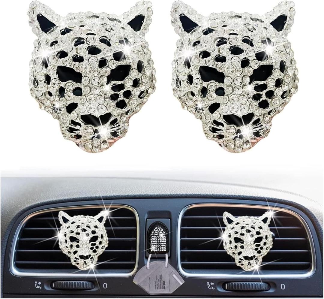 2Pcs Silver Bling Leopard Air Vent Clips, Crystal Leopard Car Air Fresheners and Diffusers, Rhinestone Car Decoration and Interior Accessories