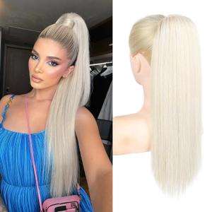 SEIKEA Ponytail Extensions Drawstring Long Straight Fake Pony Tail Natural Soft Clip in Hair Extension Synthetic Heat Resistant Hairpiece 20 Inch Platinum Blonde