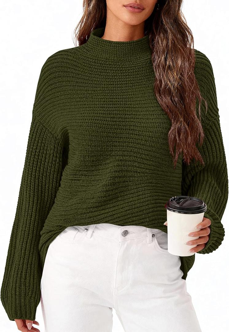 PRETTYGARDEN Womens Sweaters Fall Fashion 2025 Oversized Long Sleeve Mock Neck Chunky Knit Pullover Tops Winter Clothes (X-Large, Army Green)