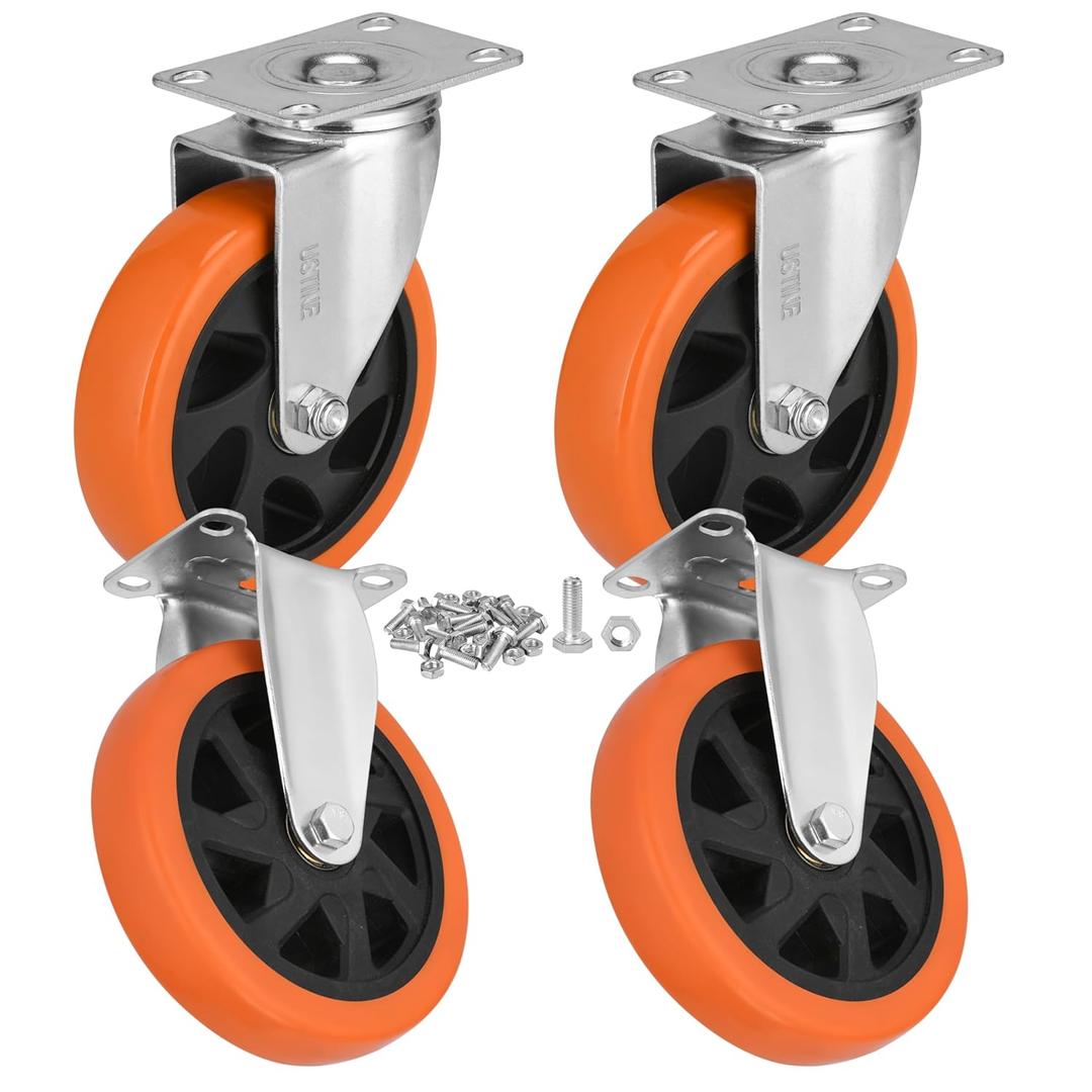 6 Inch Caster Wheels Set of 4 (2 Rigid, 2 Swivel), Ball Bearing 360 Degree Plate Swivel Castors Wheel Load 3000 lbs, Casters for Furniture, Workbench, Dolly, Cart