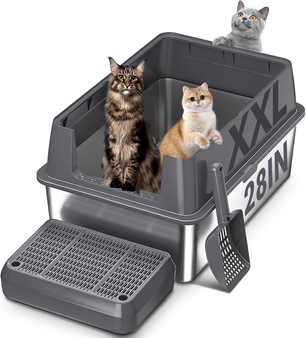 XXL Stainless Steel Litter Box with Lid, 28" Lx20 W Extra Large Cat Litter Boxes for Big Cats, Jumbo Metal Litter Box with Footboard & Scoop,Anti-Leakage,Non-Sticky,Odorless,Easy to Clean