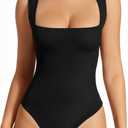 MANGOPOP Women's Square Neck Tank Top Bodysuit Sexy Double Lined Sleeveless Thong Body Suits Going Out Tops (Medium, A01-sleeveless Black)